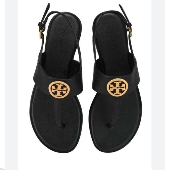 TORY BURCH BENTON 2 FLAT THONG
SANDAL black Calf Leather Sz 9.5 women Gold Logo - Picture 2 of 9